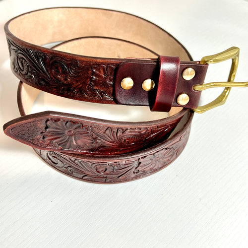 Carved Genuine Leather Belt-Floral 03