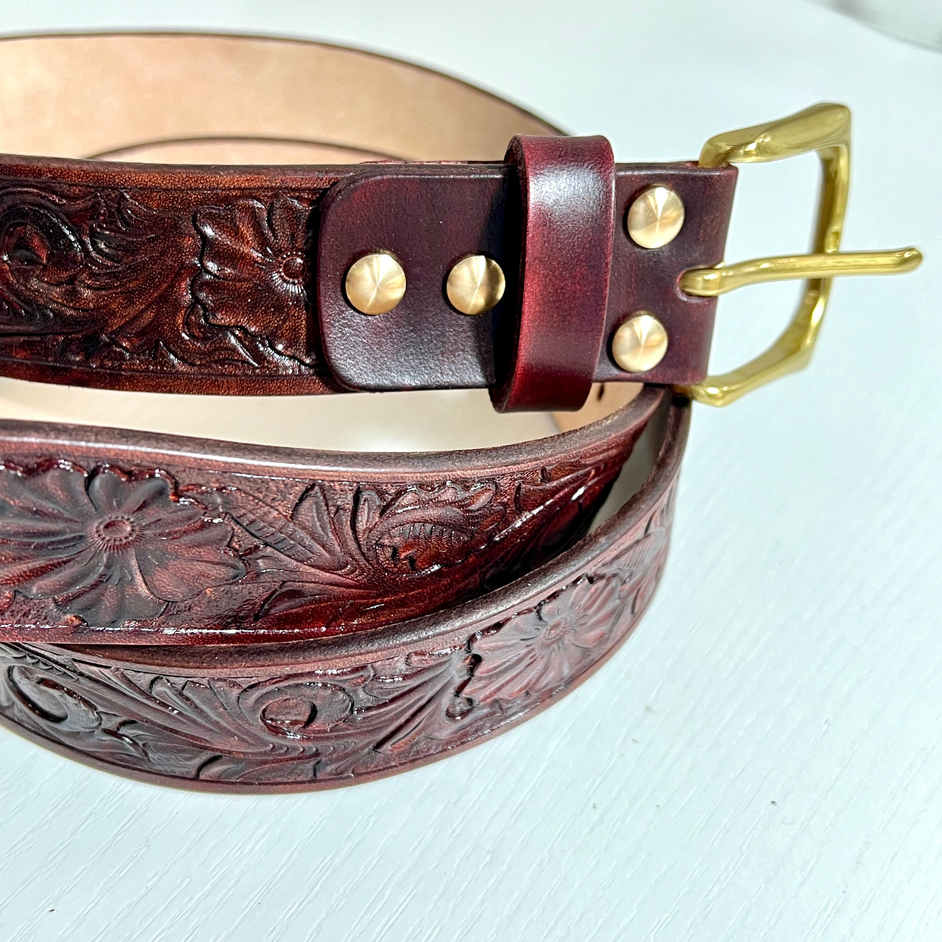 Carved Genuine Leather Belt-Floral 03
