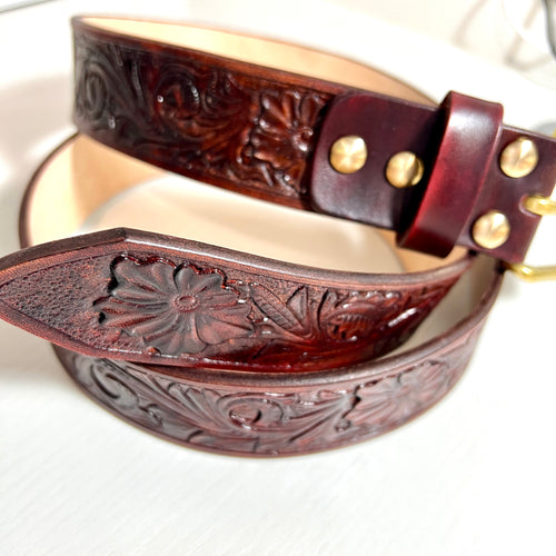 Carved Genuine Leather Belt-Floral 03