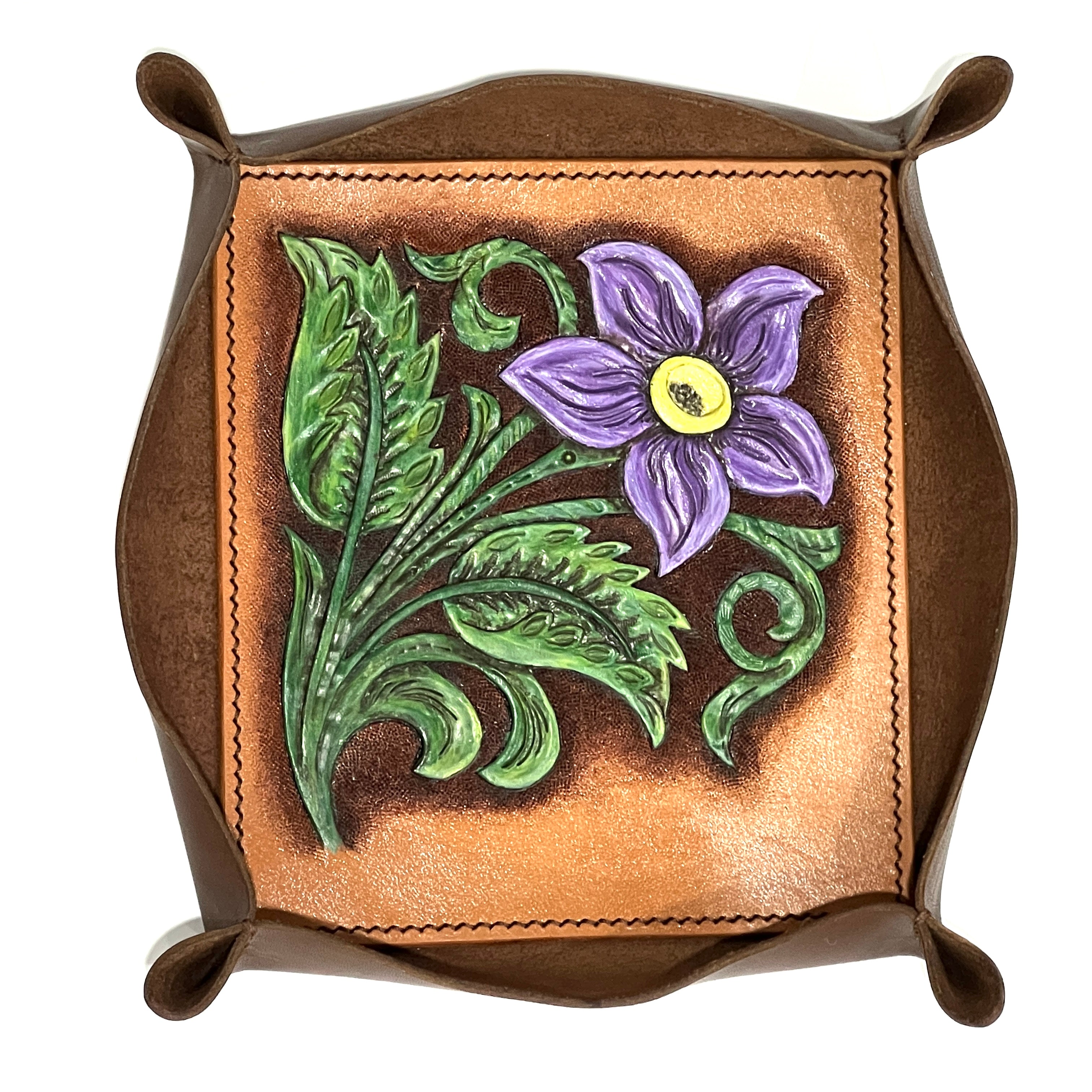 Carved Genuine Leather Tray (Brown)