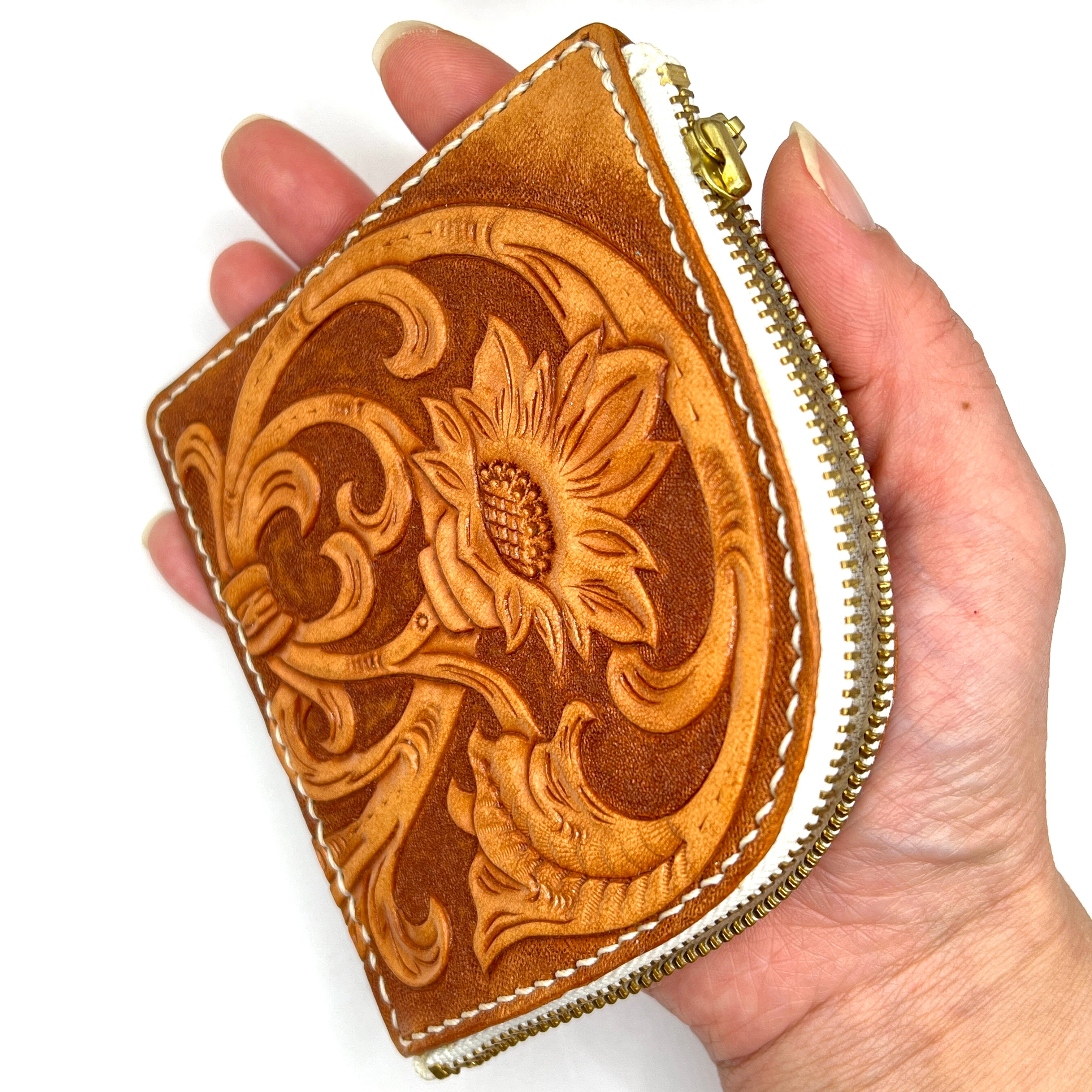 Carved Genuine Leather Zip Pouch