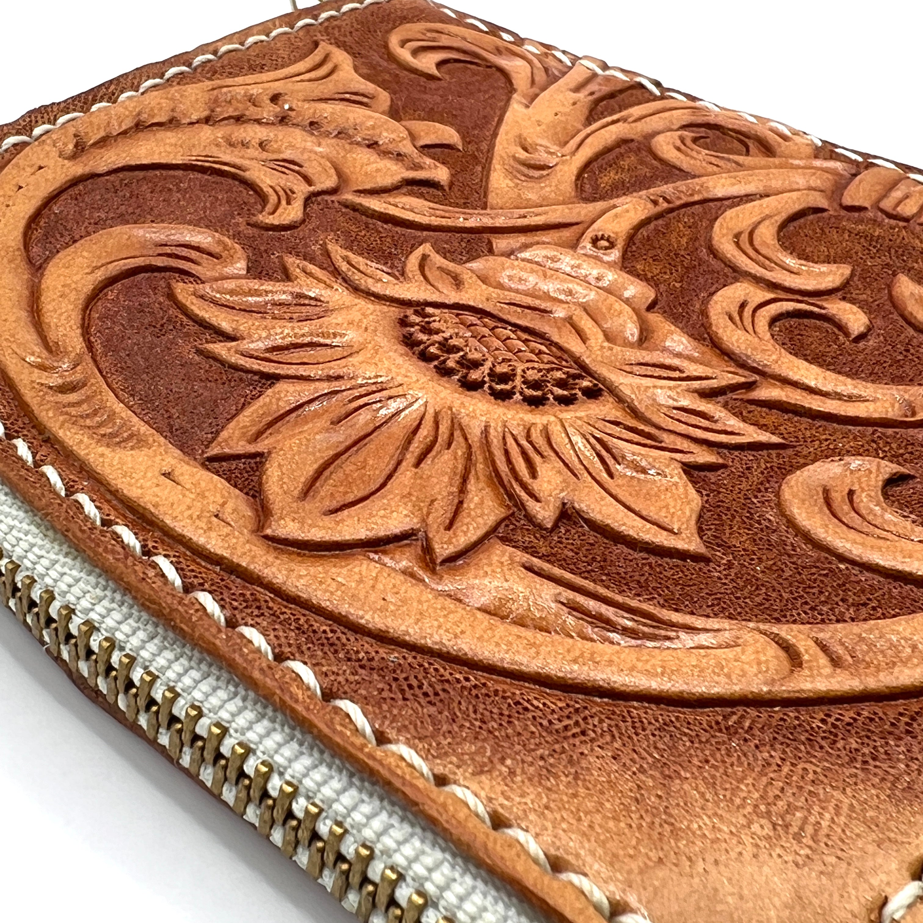 Carved Genuine Leather Zip Pouch