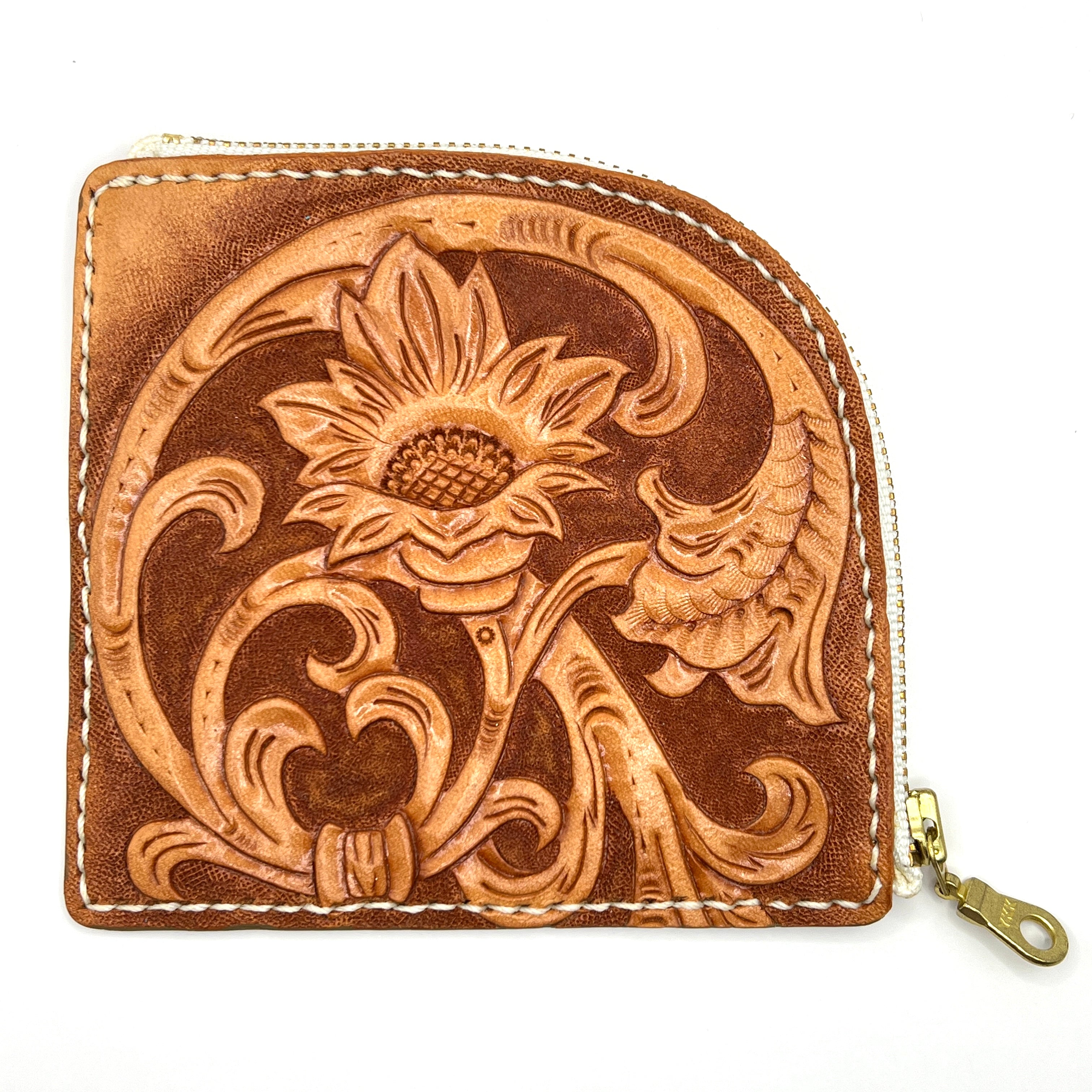 Carved Genuine Leather Zip Pouch